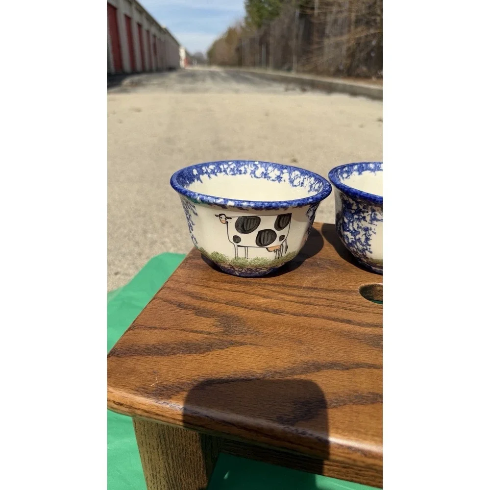 Set of 4 Blue Spongeware Farm Animal Bowls Rustic Pottery Cups‎